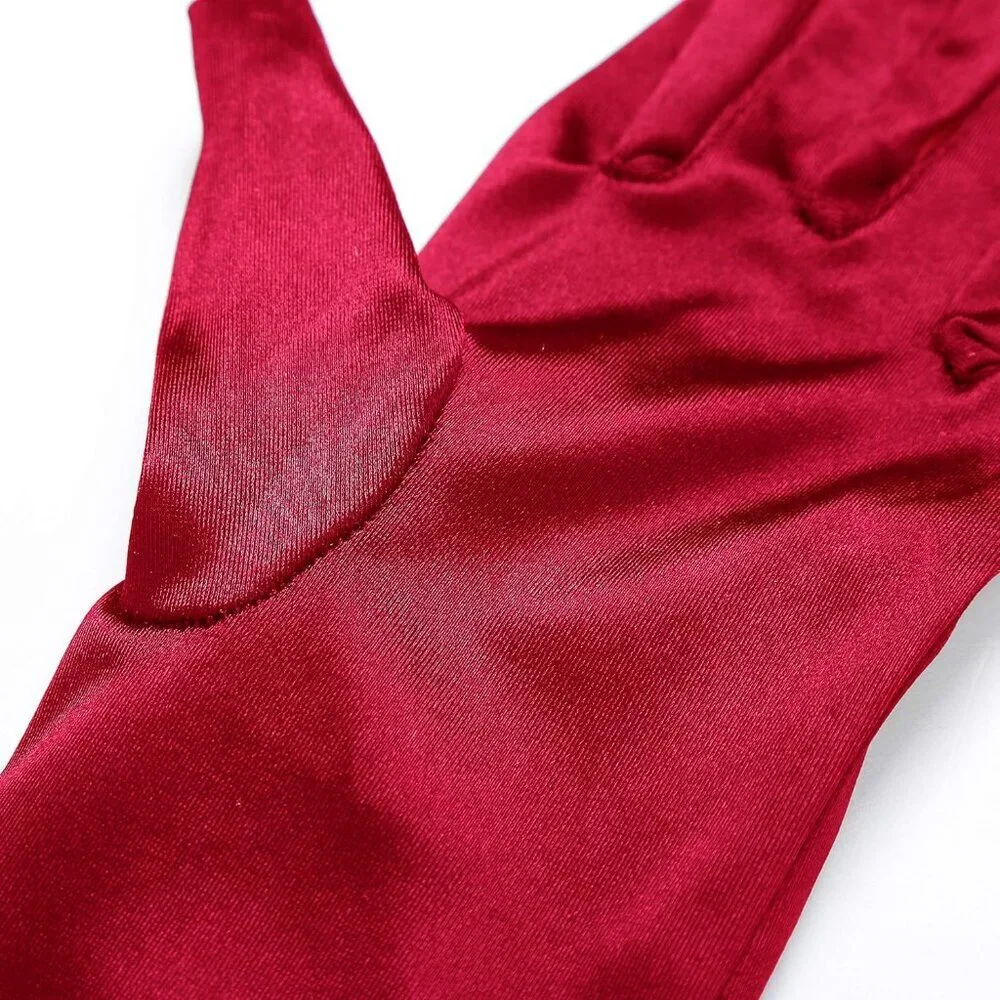 Women's Smooth Dark Red Long Satin Gloves Elbow Length Party Costume Accessory